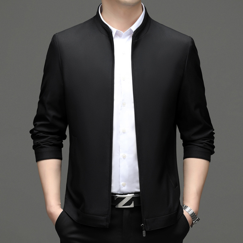 Brand Silk Jacket for Men 2026 Spring and Autumn Business Casual Middle-Aged Men's Jacket Non-Iron Stand Collar Men's Outerwear