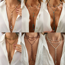 欧美跨境饰品 嘻哈风异形CCB珍珠串珠项链 时尚y形圆片流苏锁骨链