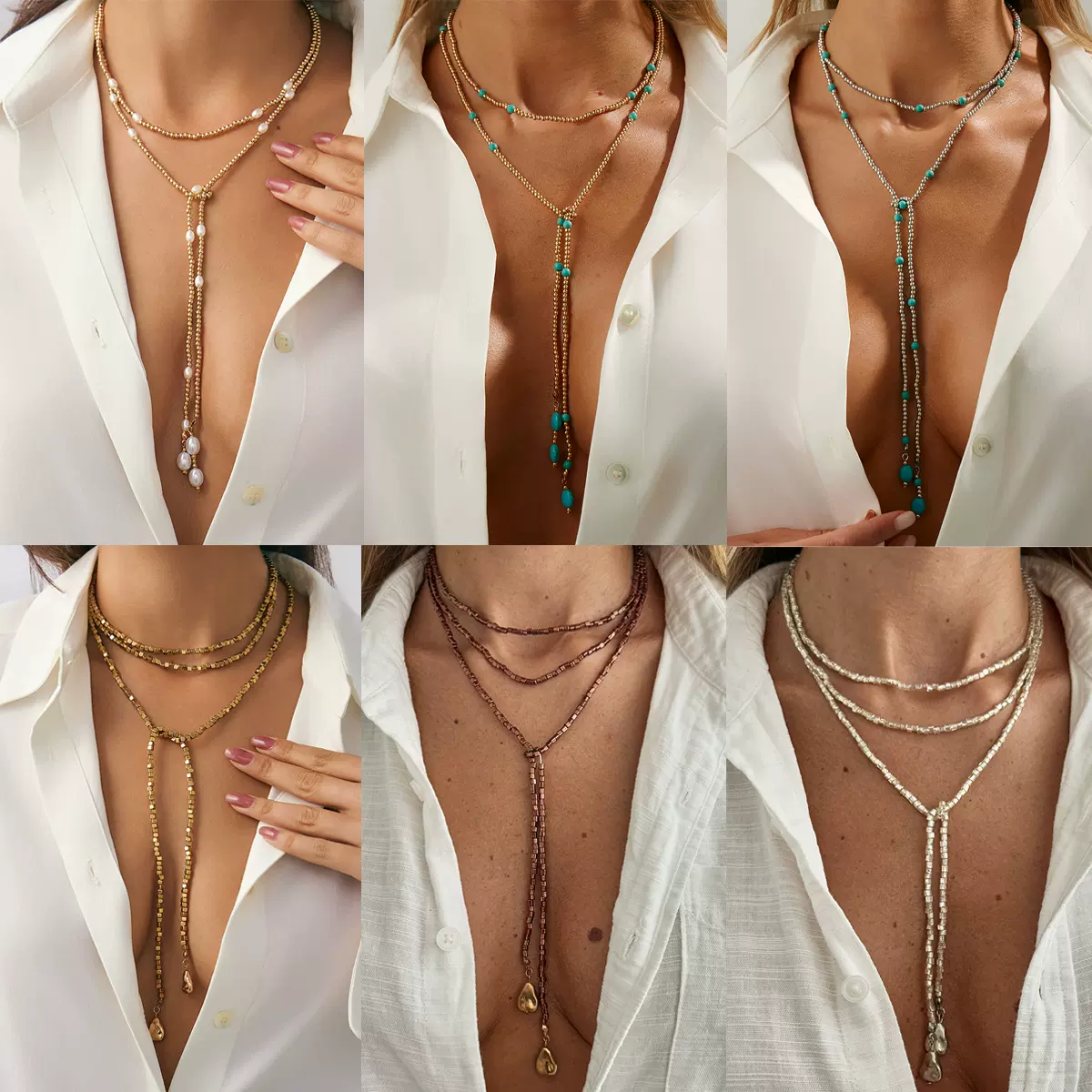 欧美跨境饰品 嘻哈风异形CCB珍珠串珠项链 时尚y形圆片流苏锁骨链