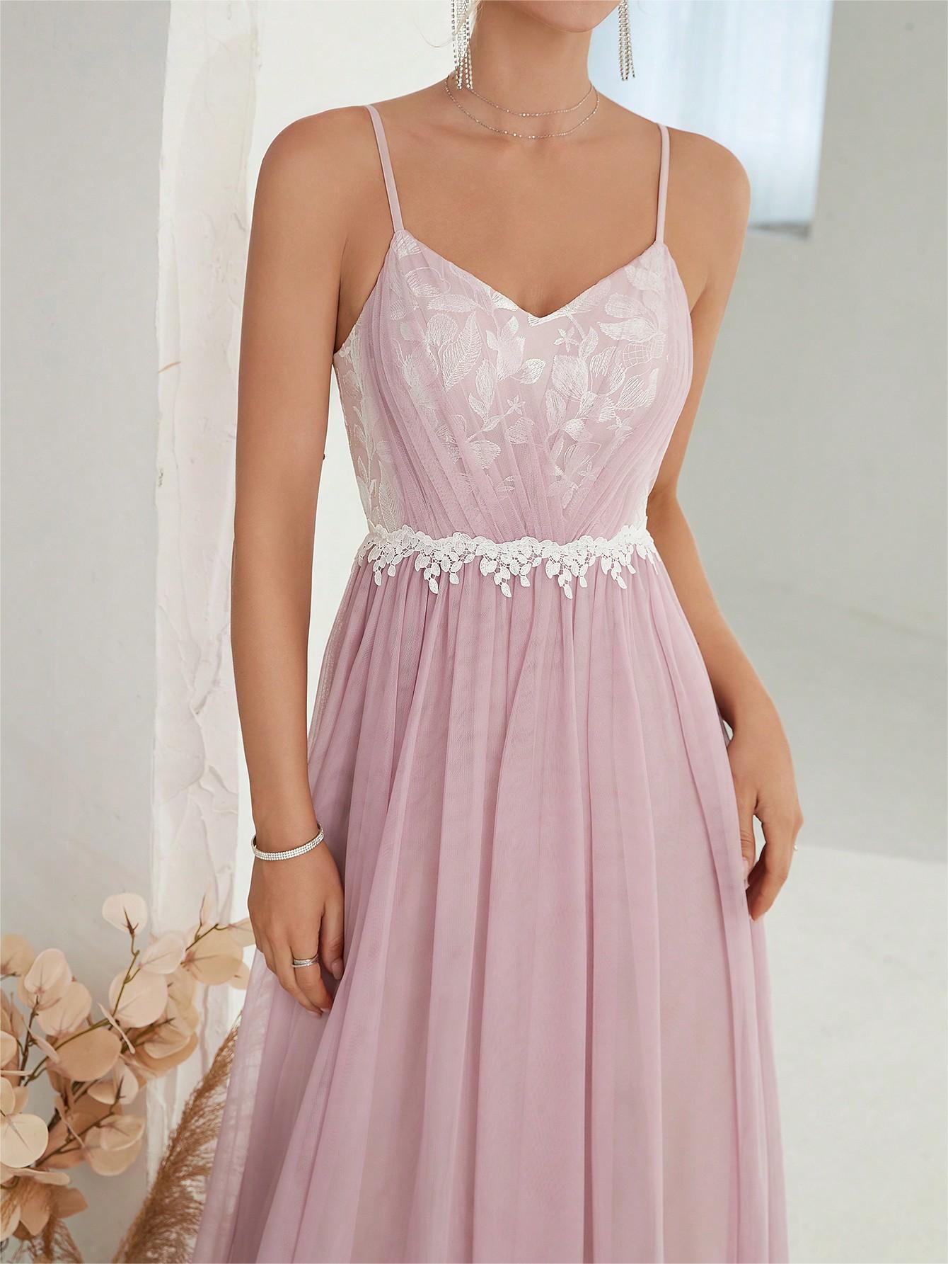 Damen Abendkleid Mit Spitze Kontrastfarbe Netzstoff Plissiert_voghion.com
