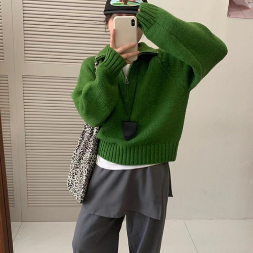 KANING Women's Half-High Collar Zipper Red Sweater 2025 Autumn Design-Sensitive Loose Hooded Knit Top