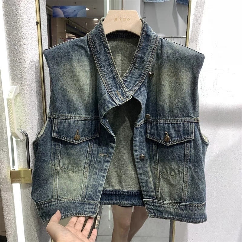 Hong Kong style waistcoat sleeveless Denim shirt waistcoat women's 2024 summer new leisure waistcoat