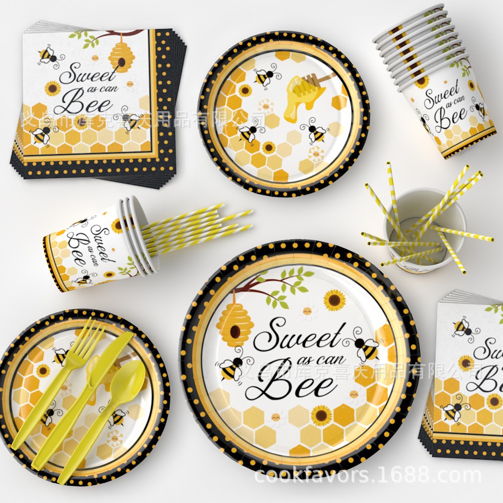 Amazon primavera abeja tema fiesta bandeja de papel desechable tazas de papel toallas de papel cubiertos set de decoración de cumpleaños para niños
