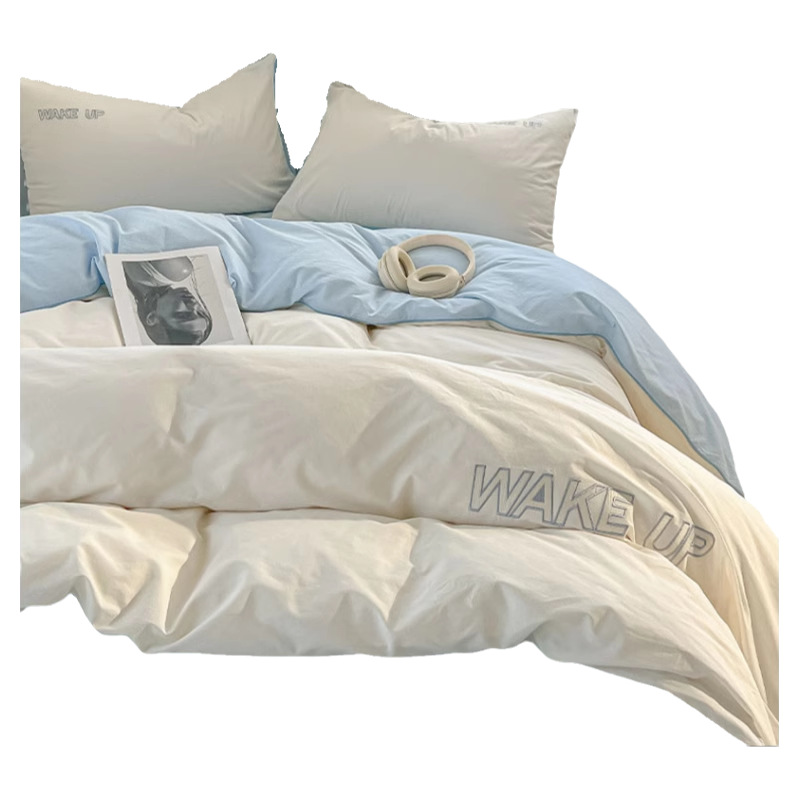 Bordado de cuatro piezas de algodón lavado 2024 nueva ropa de cama funda de edredón sábana dormitorio de estudiantes sábana de tres piezas 34
