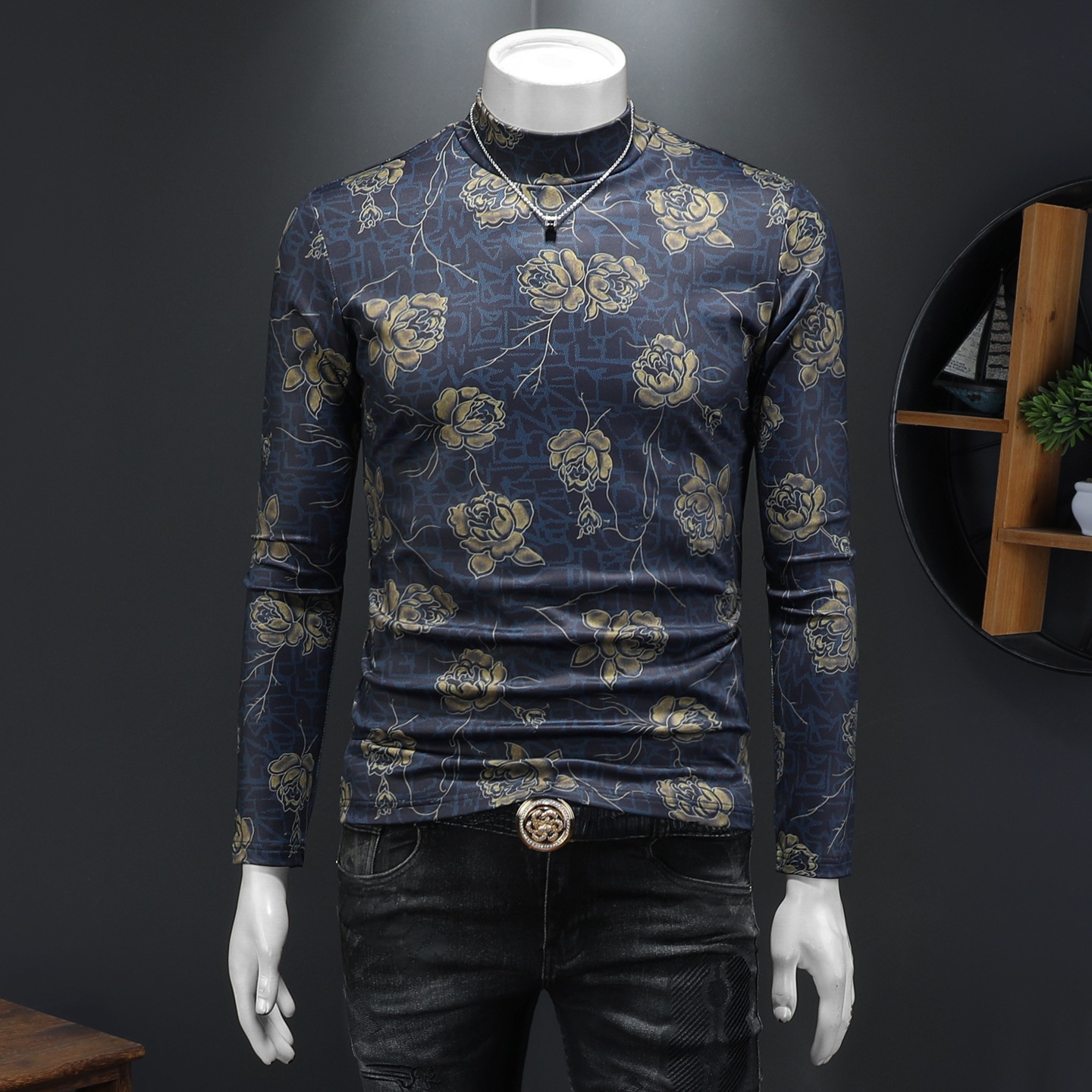 欧洲站新款秋冬印花长袖t恤男潮牌印花半高领休闲时尚打底衫秋衣