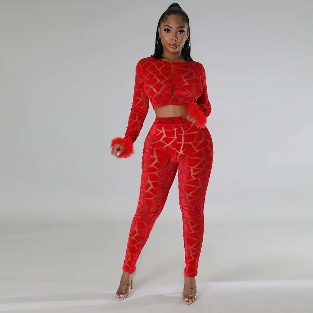 Abbigliamento da donna, top corto a maniche lunghe con pantaloni a matita aderenti, set alla moda in due pezzi_voghion.com