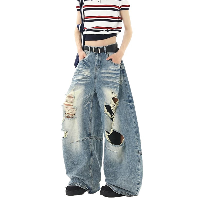 Men Women Washed Whiskering Ripped Jeans Street Style Summer New Retro Cool Scimitar Wide Leg Trousers_mkmklike.com