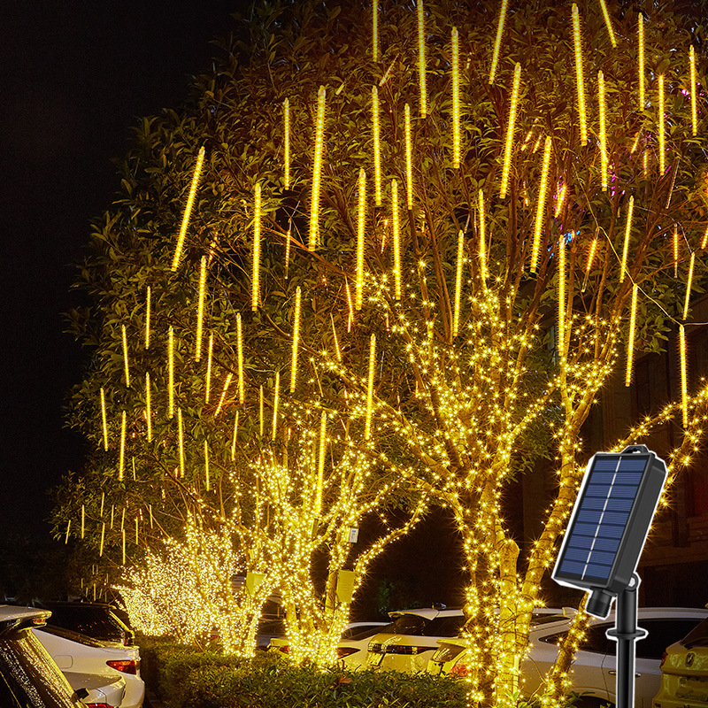 En stock solar brillante lluvia de meteoros LED Cadena de luz al aire libre linterna camping carpa Navidad luz decorativa