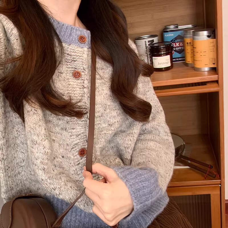 2596 #   Chichi Weekend Breakfast ~ Contrasting Color Knitted Cardigan Variegated Sweater Niche Design Round Neck