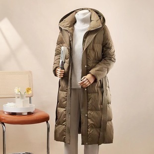Mid-length down jacket women's hooded thickened over-the-knee slimming belt 90 white duck down 2023 European Station New