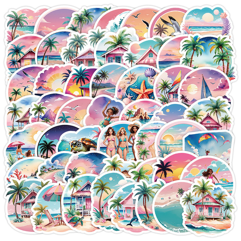 50/100 Pieces of Cute Beach-Themed Graffiti Stickers, Creative Stationery Stickers, Waterproof Decoration for Water Bottles and Luggage