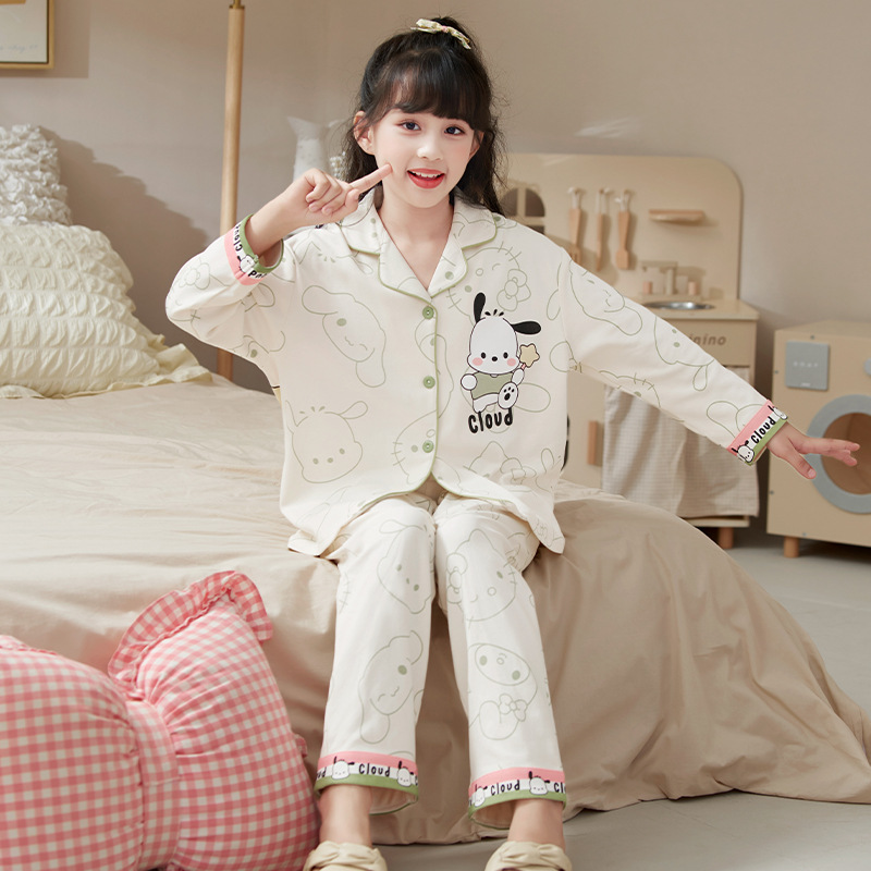 2025 새로운 소녀 잠옷 봄과 가을 어린이 소녀 면화 긴 소매 큰 어린이 서양식 공주 집 옷 여름