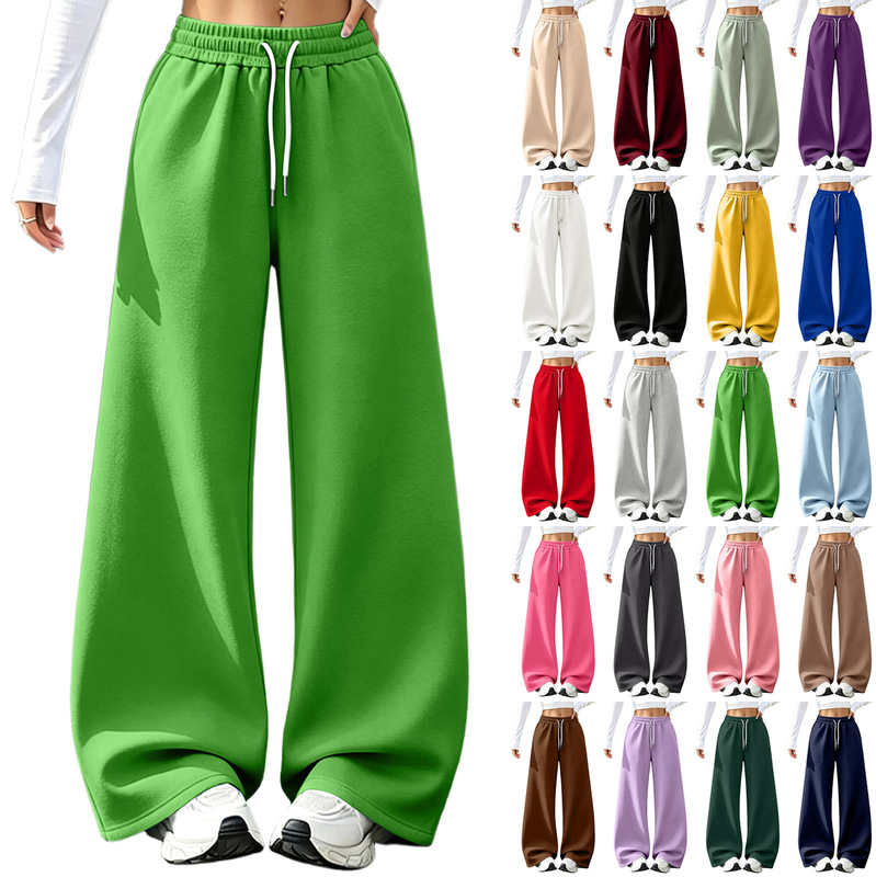 Foreign trade autumn and winter fleece women's pants, solid color, Korean style, casual versatile white tie-waist wide-leg pants, loose straight long pants Foreign trade autumn and winter fleece women's pants, solid color, Korean style, casual versatile white tie-waist wide-leg pants, loose straight long pants