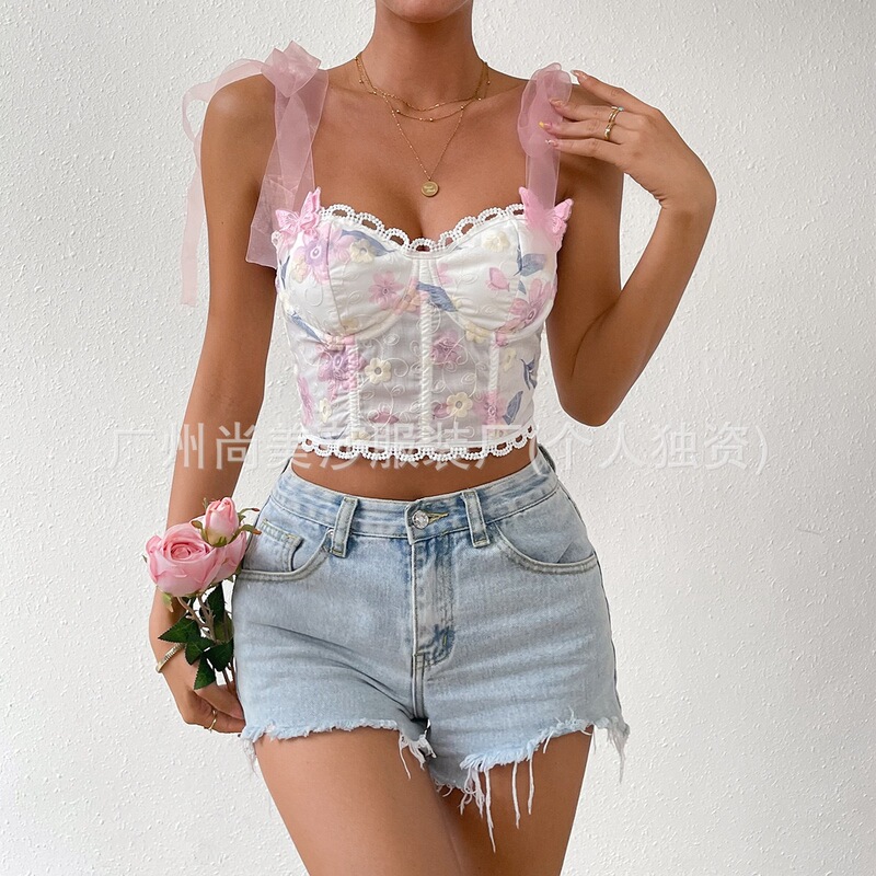 Cross-border Foreign Trade French Romantic Sling Strapless Vest Strap Printed Design Niche Beautiful Pure Spice Girl Top