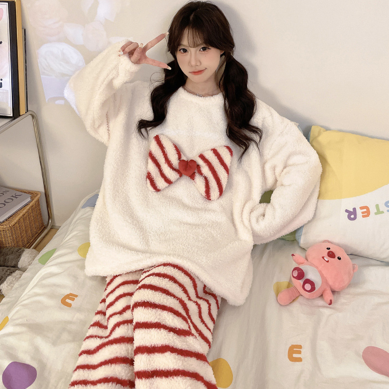 세트 여자 플란넬 산호 겨울 두꺼운 둥근 목 기모 풀오버 벨벳 홈 옷 2024 가을 겨울 잠옷