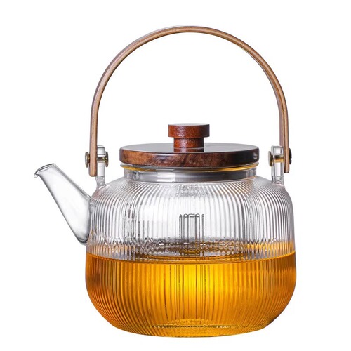 Wholesale high borosilicate glass lifting beam walnut wood high temperature resistant steaming integrated teapot glass teapot