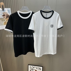 LENGE ハイバージョン ~ 2025 夏の新定番ラウンドネック黒と白のコントラスト刺繍ロゴ多用途半袖 T シャツ女性用