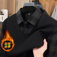 爸爸冬季毛衣加绒加厚假两件中年男士高档休闲保暖针织打底羊毛衫