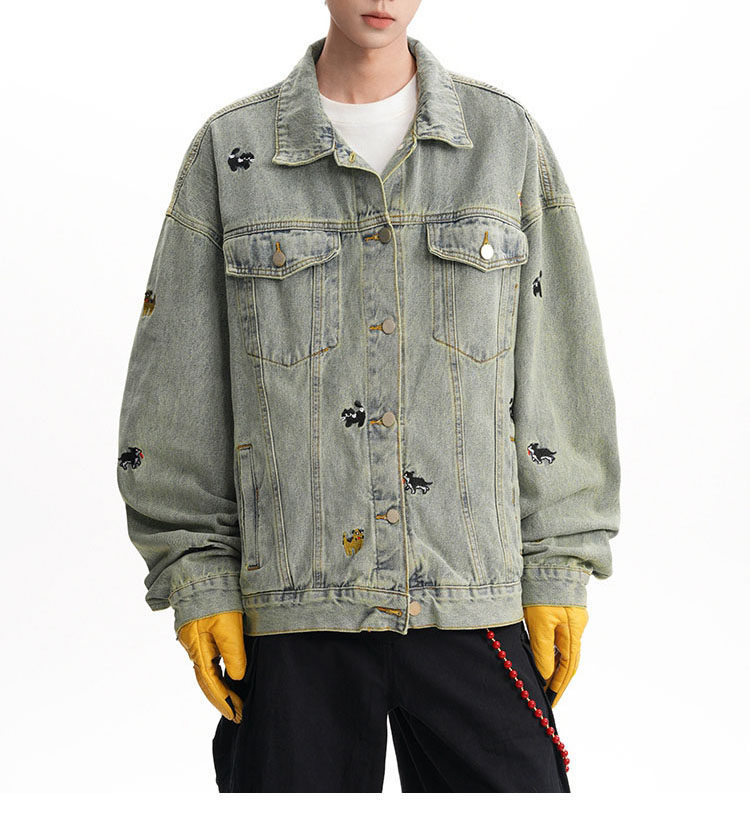Giacca in denim con ricamo vintage a tema cartone animato - Cappotto oversize da streetwear per uomo e donna (S-2XL)_voghion.com
