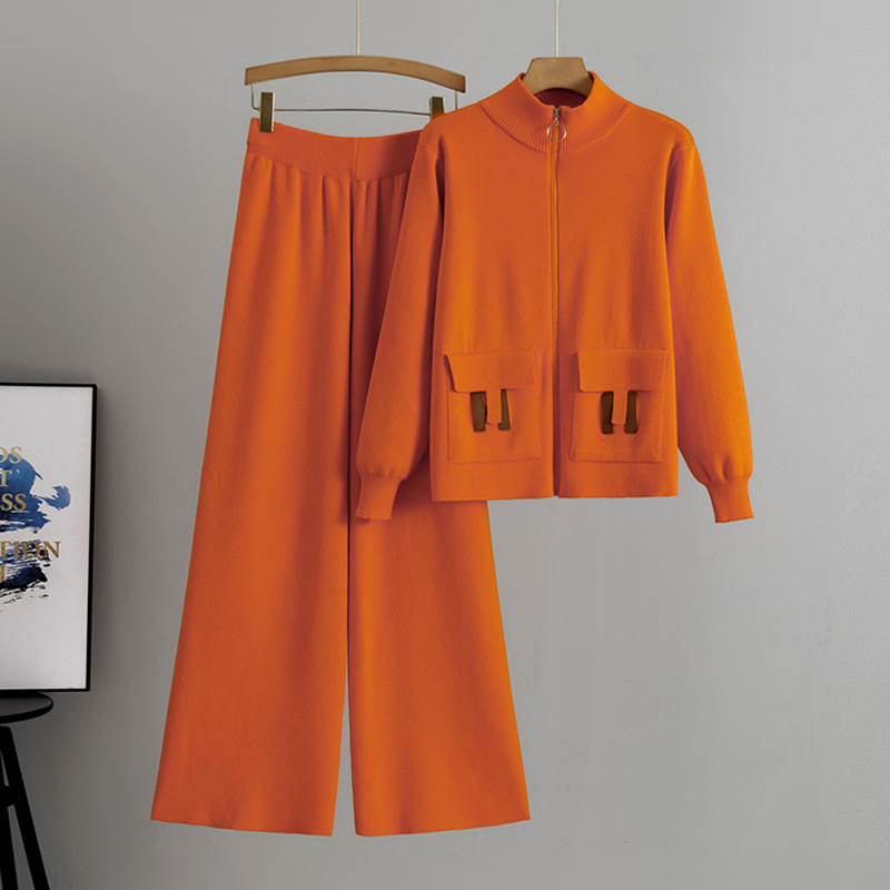 Cross-border French-style Zippered Fashion Suit For Women, 2026 Spring Autumn New Knit Cardigan And Wide-leg Pants_ecoleips.com