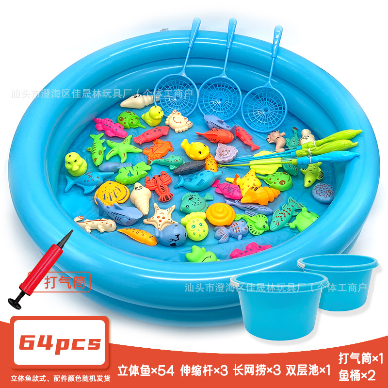 64개 세트(물고기 54개 + 막대 3개 + 낚시 3개 + 복층 풀 1개 + 펌프 1개 + 물통 2개)