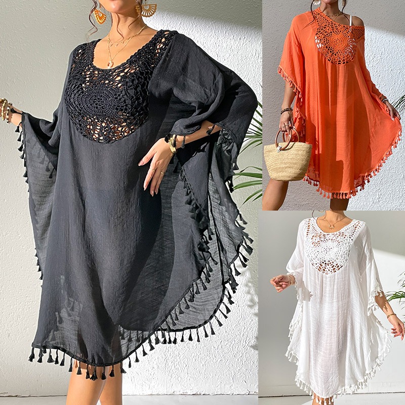 175g Weight Above Knee Dress Length Type Half Sleeve Sleeve Length Sundress Dresses Type Batwing Sleeve Sleeve Type Polyester Fabric Type Mid Waist Waist Line 1 Piece Quantity Beach Occasion Round Neck Neckline Loose Fit Type Ditsy Floral, Solid Color Pattern Women's Gender Hollow Out Design Vacation Style Women's Ditsy Floral Solid Color Vacation Cover Ups 11