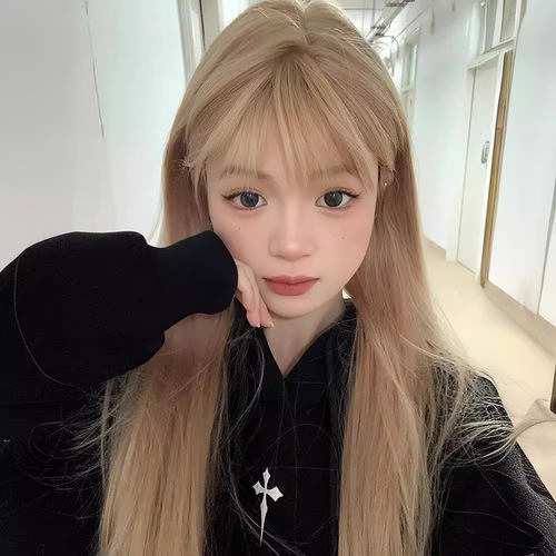 Cheng Ming wig for women with platinum round face, naturally fluffy, sweet Internet celebrity, summer long straight hair, full headband style