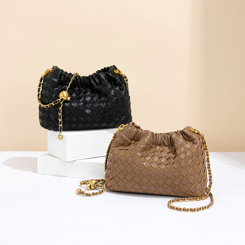 New Woven Cloud Bag With Gold Chain, Handmade Horizontal Shoulder & Crossbody Bag, Gold Ball Small Square Drawstring Pleated Bag - Thumbnail 4
