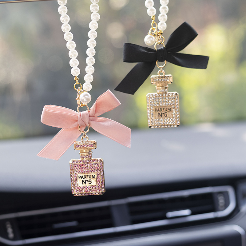 Bowknot Perfume Bottle Car Interior Accessories Pendant for Women, Rhinestone Car Rearview Mirror Hanging Ornament Pendant Wholesale