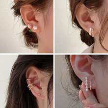 轻奢珍珠双层耳环组合银针高级感镶钻耳夹小众耳钉气质女简约耳饰
