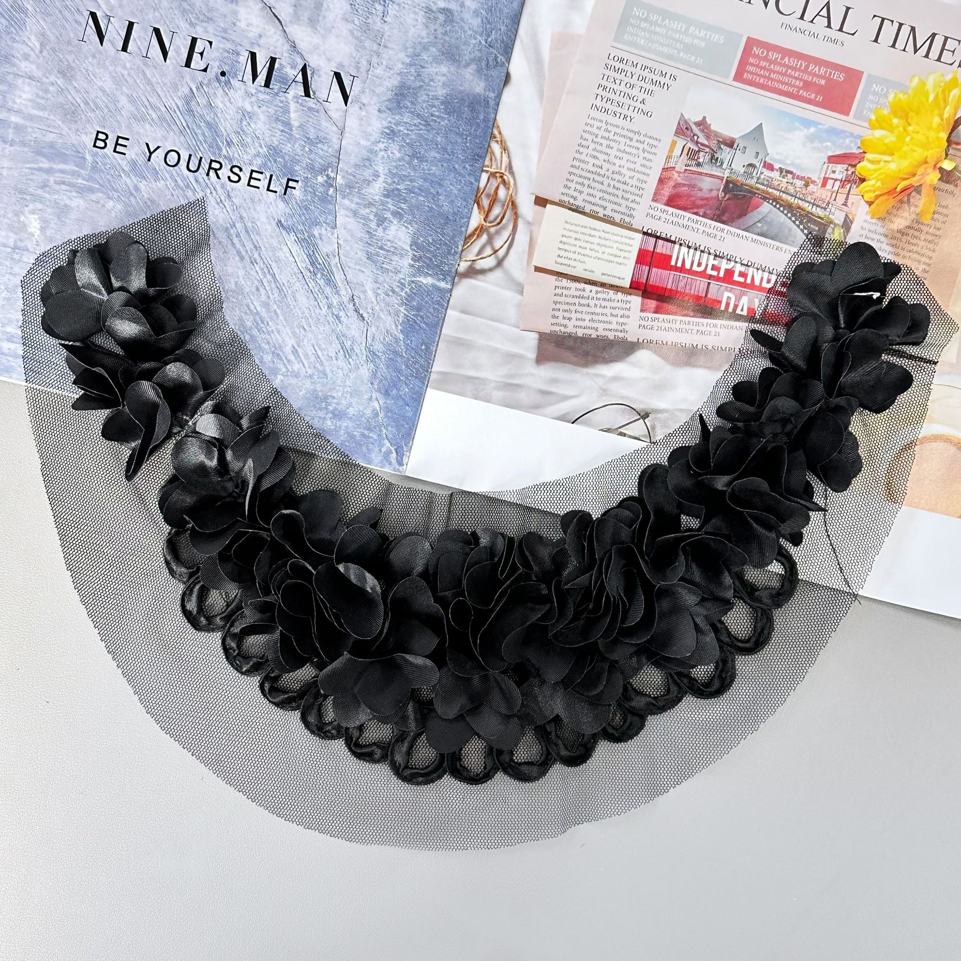 Collar de flores negro en forma de U decoración de encaje tridimensional ropa de encaje vestido de collar de flores accesorios image 1