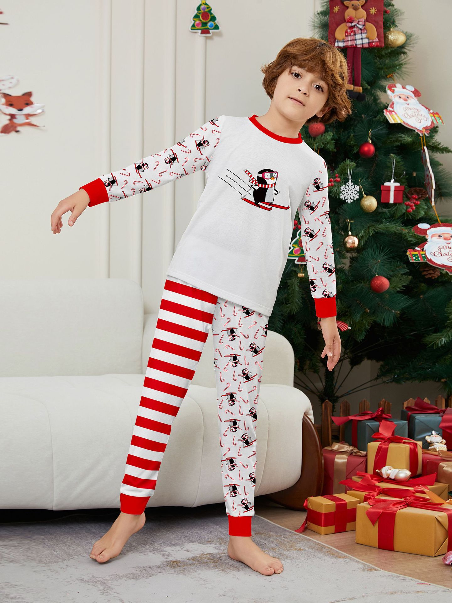 Kerst Pinguïn Candy Cane gestreepte Kerst Familie pak bedrukte homewear pyjama_voghion.com