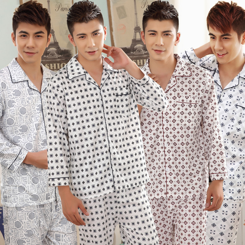 Cardigan front buckle men's pajamas autumn cotton long sleeve Korean style Plaid youth home wear spring and autumn simple home wear