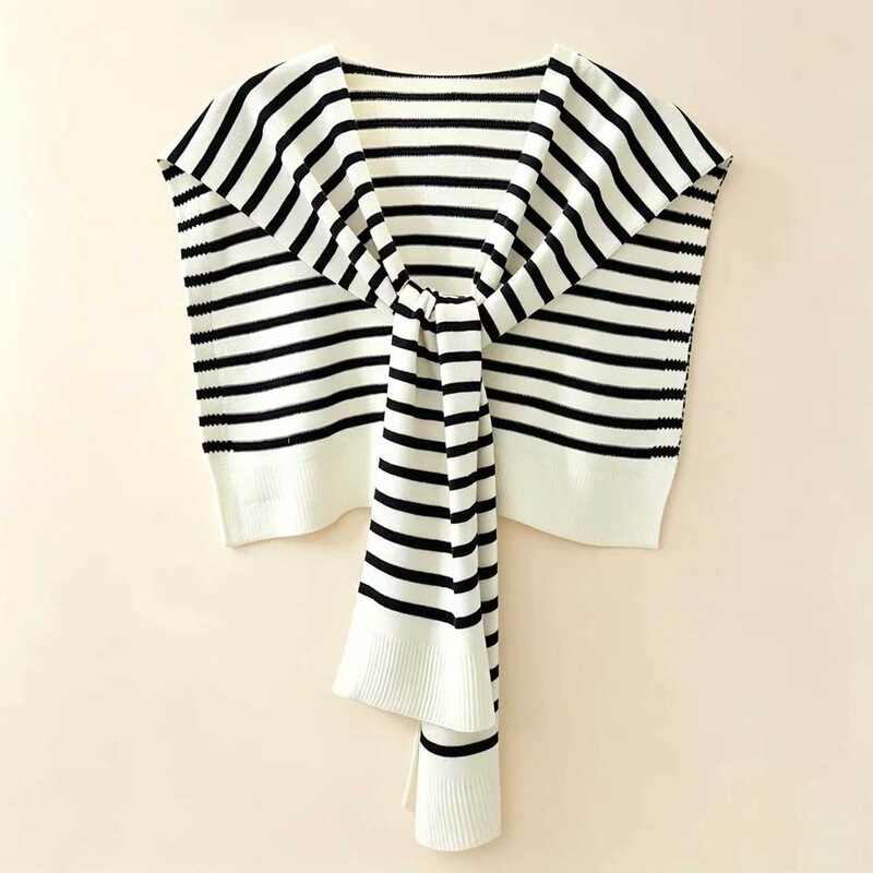 Black and White Striped Wool Shawl, Korean-Style Knitted Wool for Air-Conditioned Rooms, Thin Spring/Summer Quality Model T142