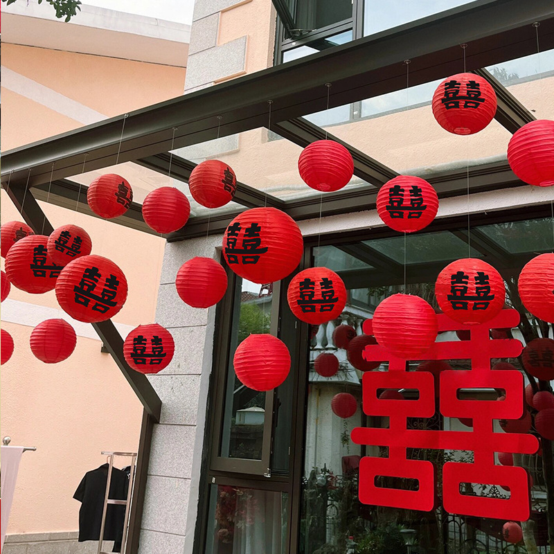 Linterna de papel de bodas, diseño de la casa de bodas, patio rural, puerta colgante, bola de panal roja, exterior