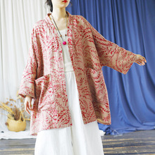 2446喜墨原创民族风印花披肩外套复古宽松九分袖女装中长款外披