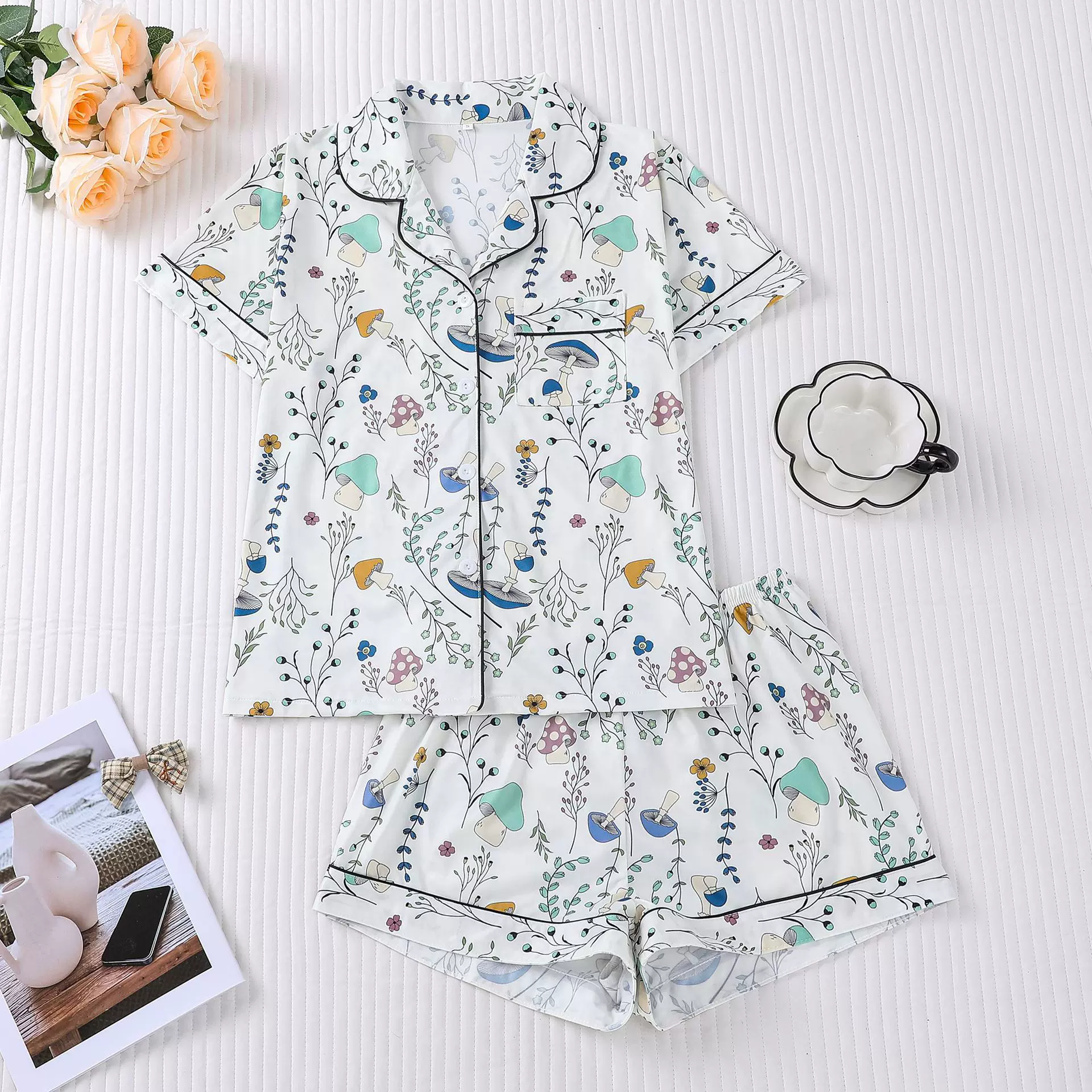 跨境外贸新款女士睡衣印花翻领短袖短裤欧美家居服开衫宽松舒适