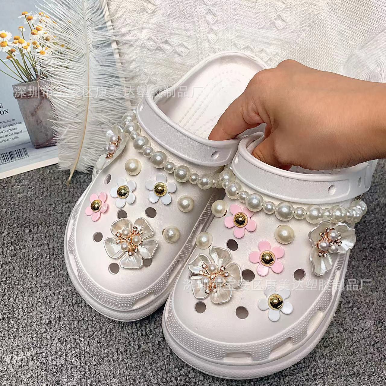 K119-pink 흰색 다섯 잎 꽃 크기 비드 체인 (신발 제외)