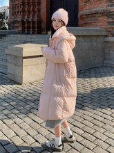 奶系甜美粉色韓版中長款白鴨絨羽絨服女冬季2023新款絎縫加厚外套
