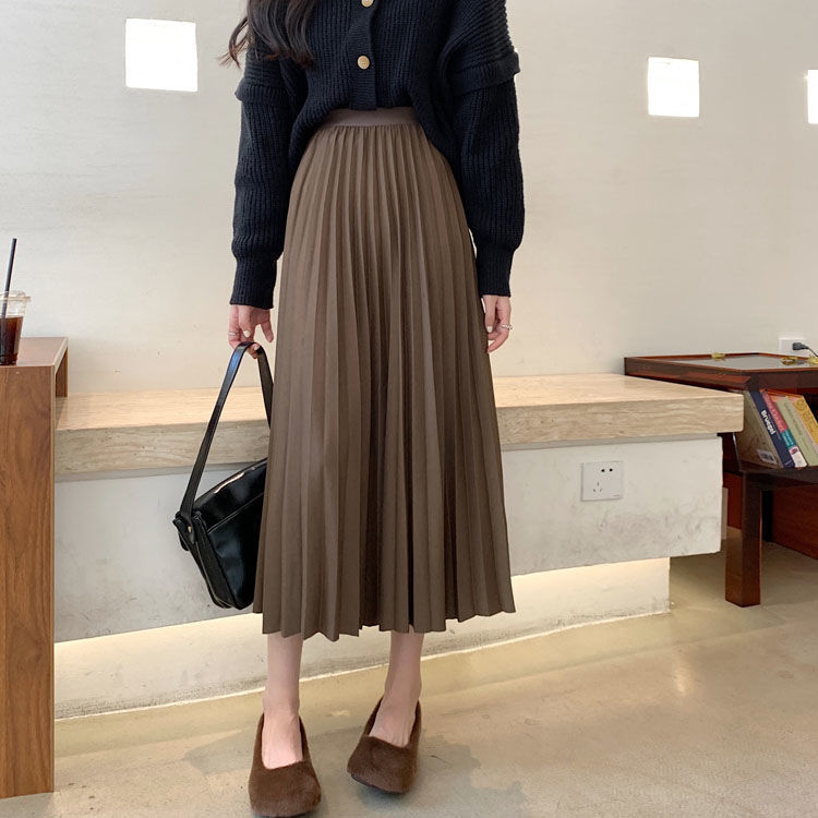 黑色半身裙女秋季2025年新款裙子秋冬中长款百褶裙显瘦高腰A字裙|undefined