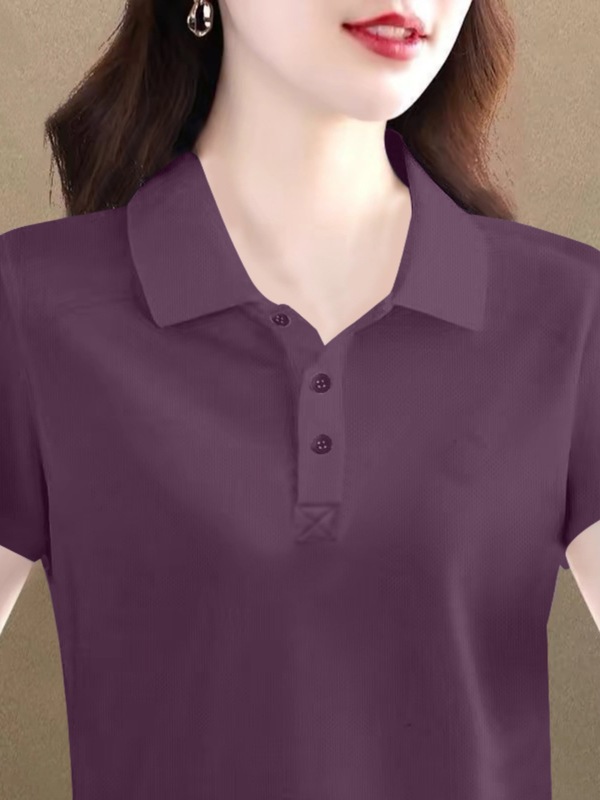 ラペル半袖Tシャツレディースピュアコットン大きいサイズ万能夏服新しいゆったりポロシャツレディース年齢軽減トップス|undefined