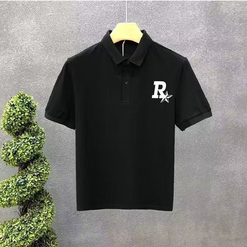Verano 2023 camisa de Polo para hombre verano estampado de estrellas suelta estilo Hong Kong versátil estudiante casual cuello redondo camisa de manga corta blanco
