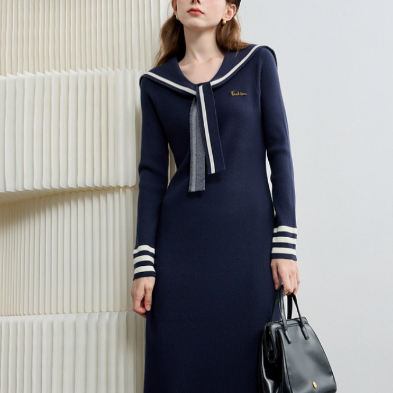 气质2025针织秋冬季新款撞色海军连衣裙学院长袖减龄收腰长裙打底
