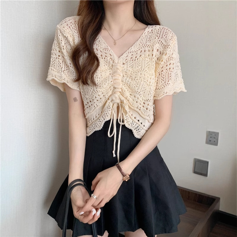 Korean Design Niche Drawstring Short Cut Out Top High Waist Short-Sleeved Knitted Sun Protection Blouse V-Neck Women's T-Shirt