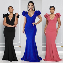 欧美女装2021速卖通亚马逊新款长裙显高包臀非洲连衣裙V领多色选