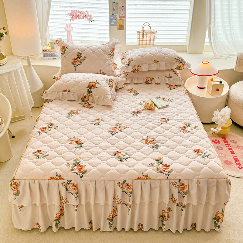 Transfronterizos encaje vestido de cama de estilo coreano encaje de algodón grueso cama de filamento molienda cama de acolchón polvo cubierta de cama al por mayor