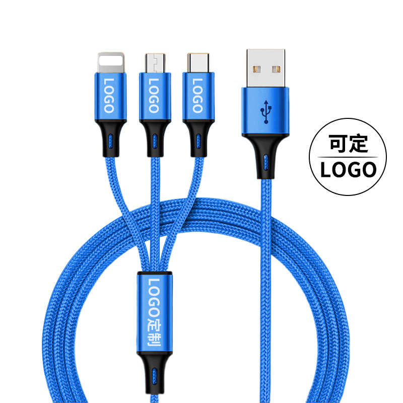 Cable de datos tres en uno con logotipo personalizado y diseño, regalo publicitario, cable de carga rápida para teléfono móvil tres en uno 3A hecho a medida