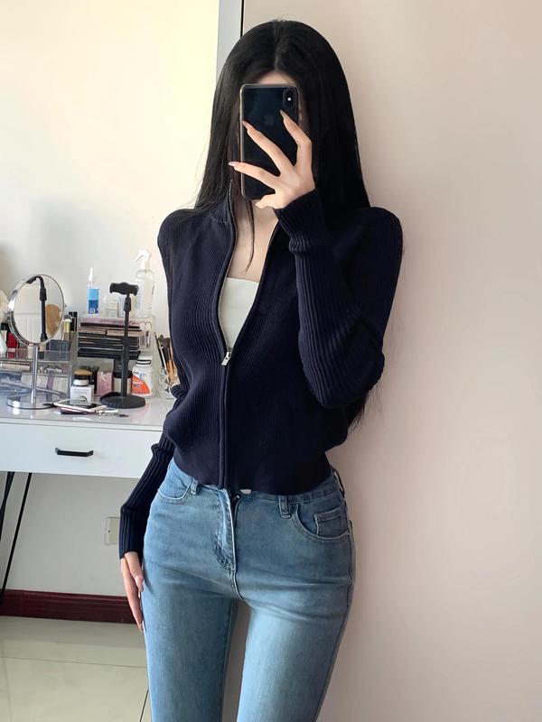 韩版软糯拉链针织衫女士秋冬新品内搭休闲学院风毛衣外套卫衣上衣|undefined