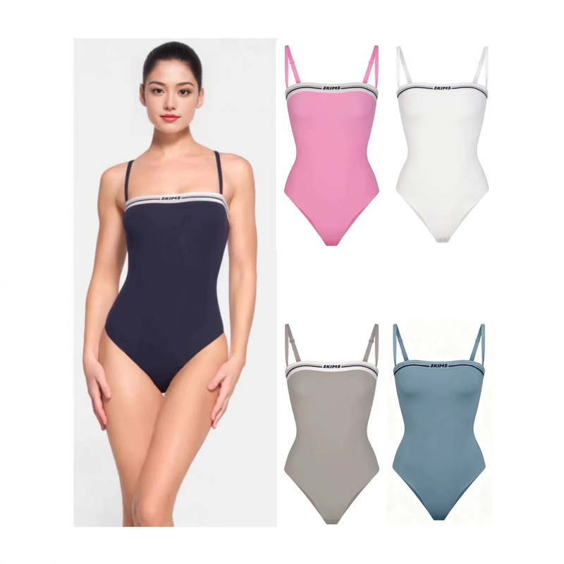 Skims Kardashian Style 24 Models Simple Logo Letter Strap Bodysuit Tennis Elastic Strap Shapewear