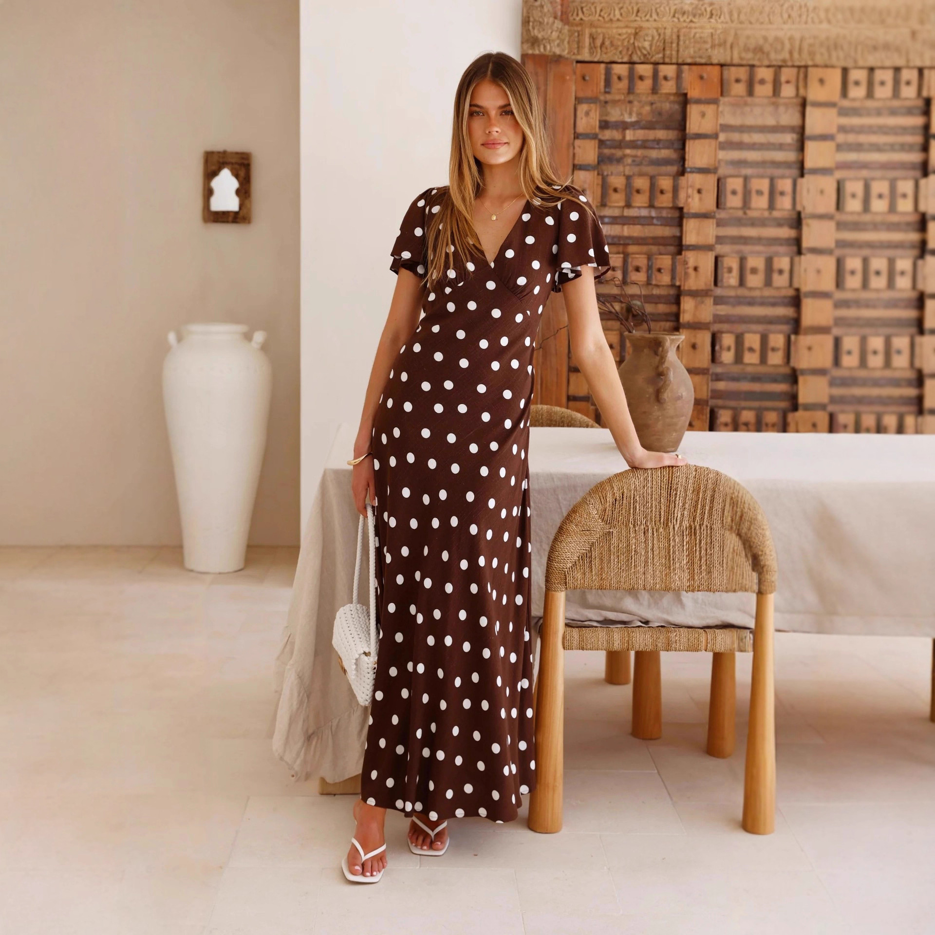 2026 European and American Independent Station Amazon Spring and Summer New Polka Dot Print Waist Trumpet Sleeve Women's Dress Long Skirt